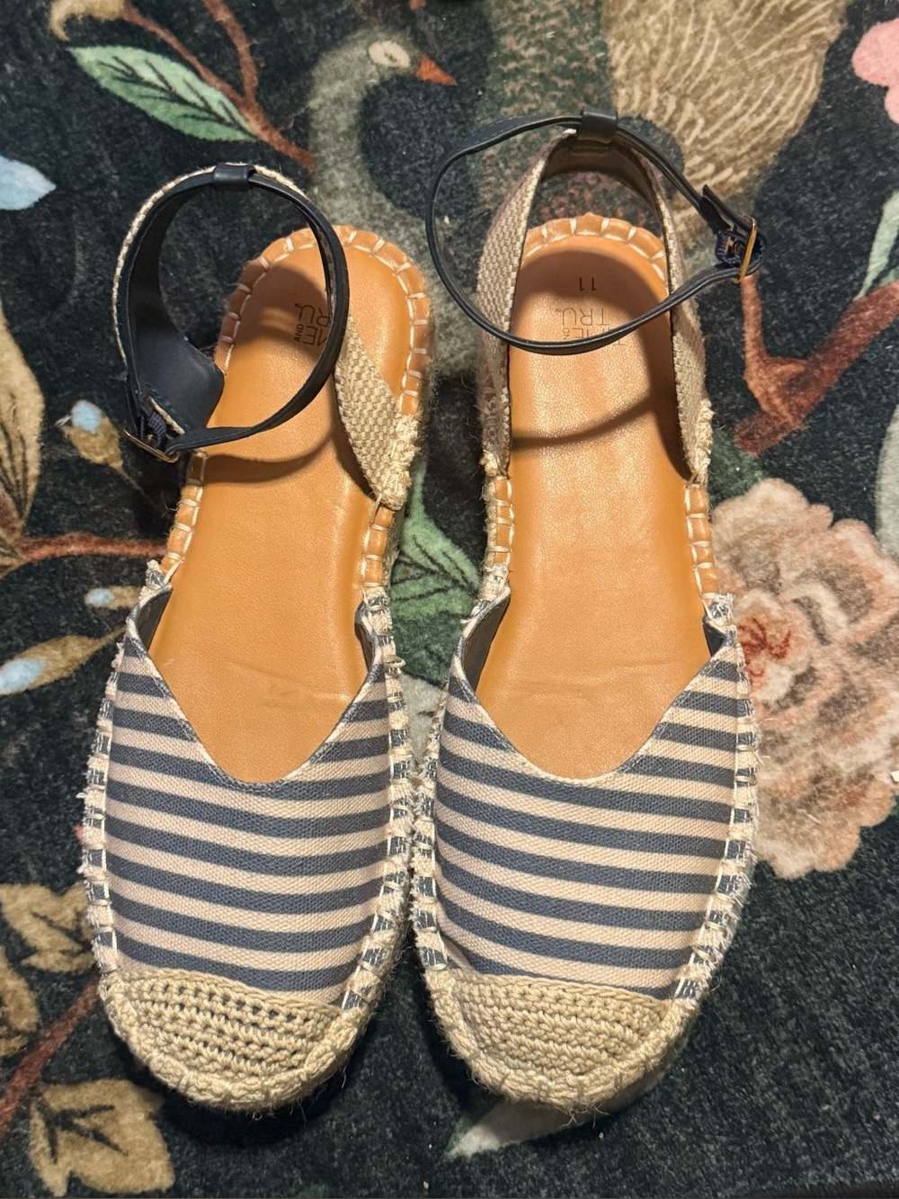 Striped Espadrille Sandals with Ankle Strap - Navy/White